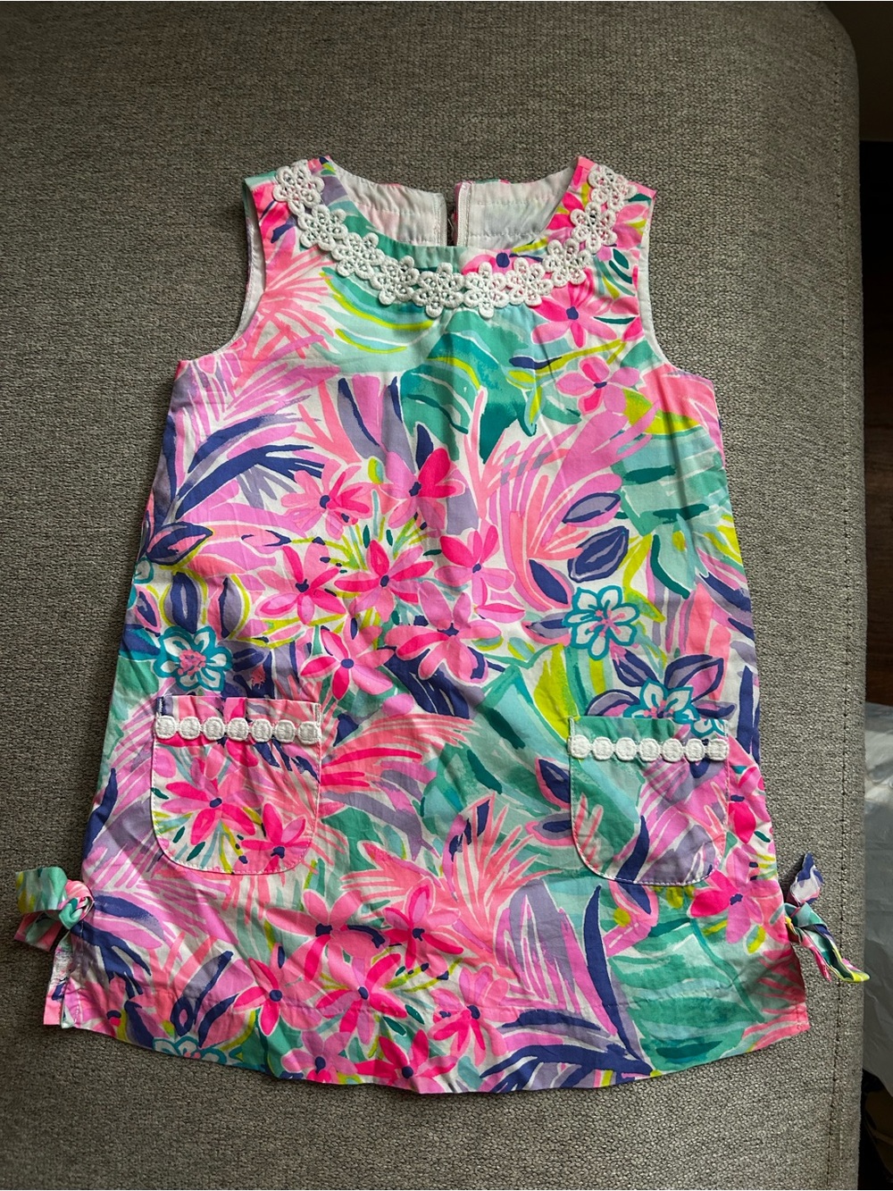 Lilly Pulitzer Pink Tropical Floral Sleeveless Dress with Crochet Trim